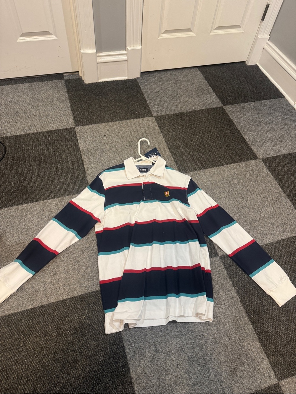 Chaps Striped Long-Sleeve Rugby Shirt - White, Navy, Teal & Red